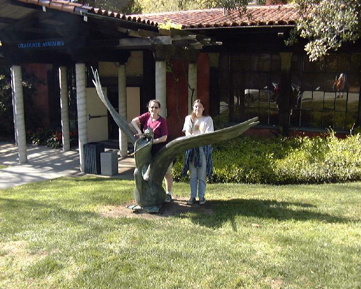 Two lovely ladies and a huge pelican on the Berkely campus.