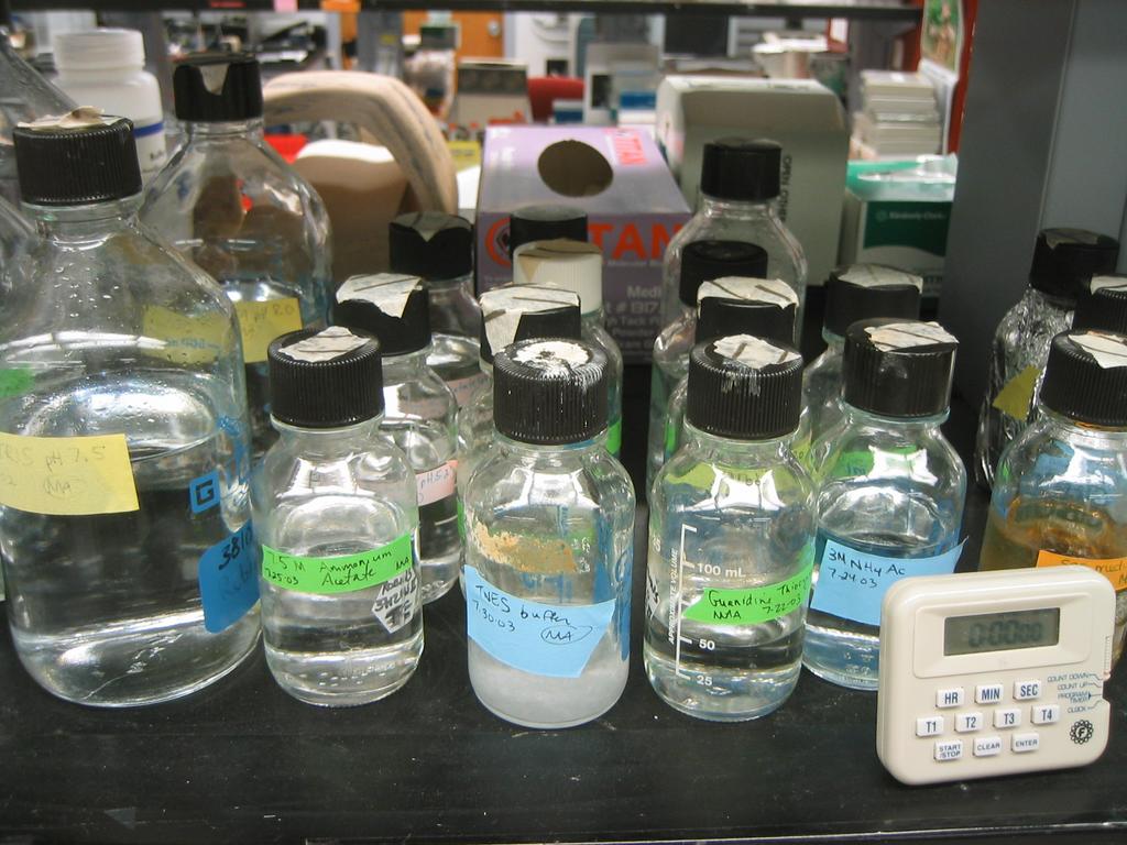 Some bottles at her bench